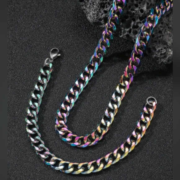 New! MEN'S Black Rainbow Stainless Steel Cuban Link Necklace & Bracelet Set. - Picture 3 of 5